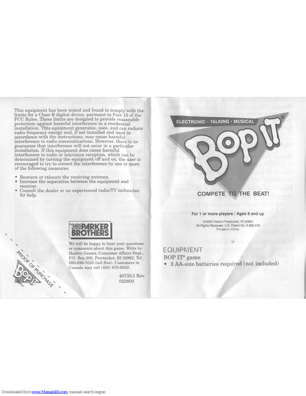 Parker Brothers Bop It Instructions Manual