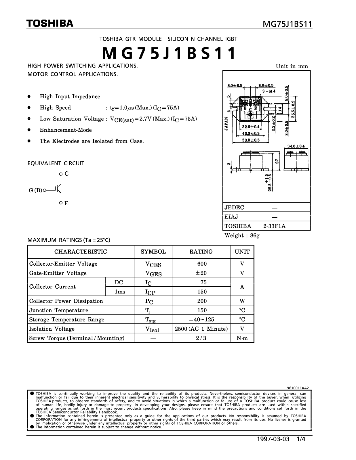 Toshiba MG75J1BS11 Datasheet