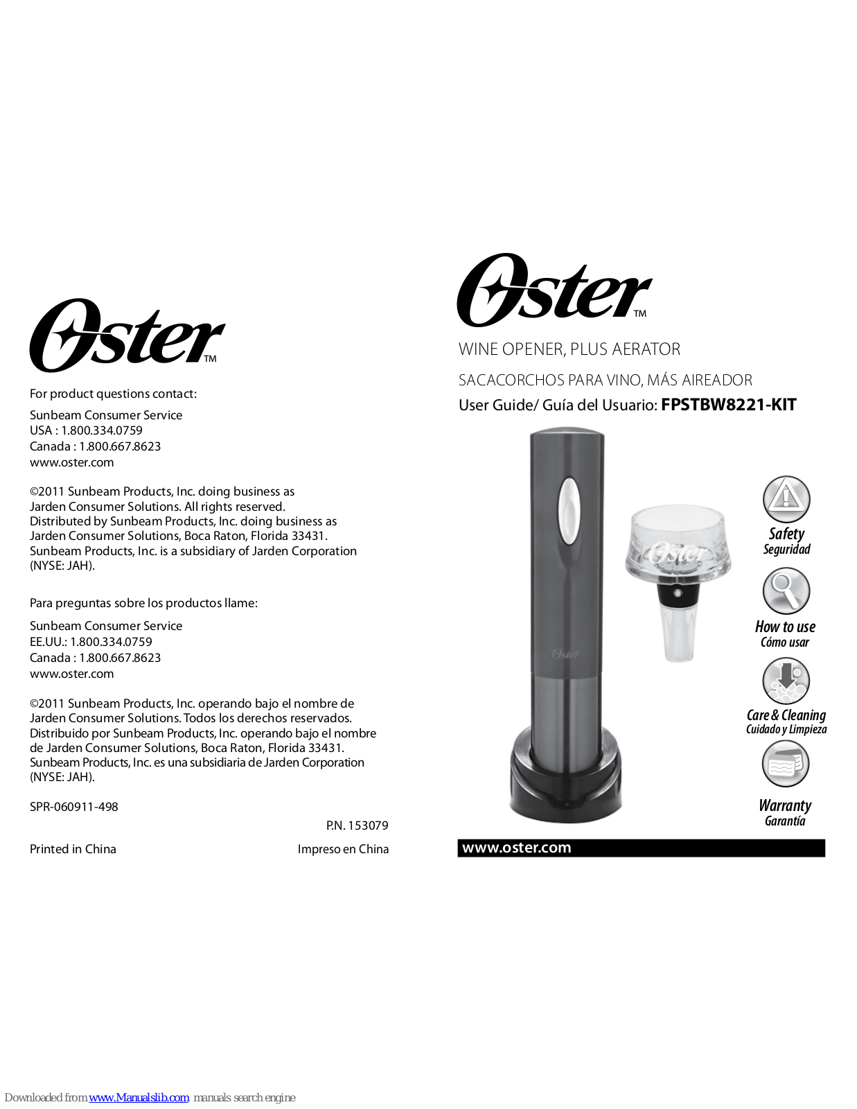 Oster Metallic Red Electric Wine Opener plus Wine Aerator, FPSTBW8221-KIT Instruction Manual