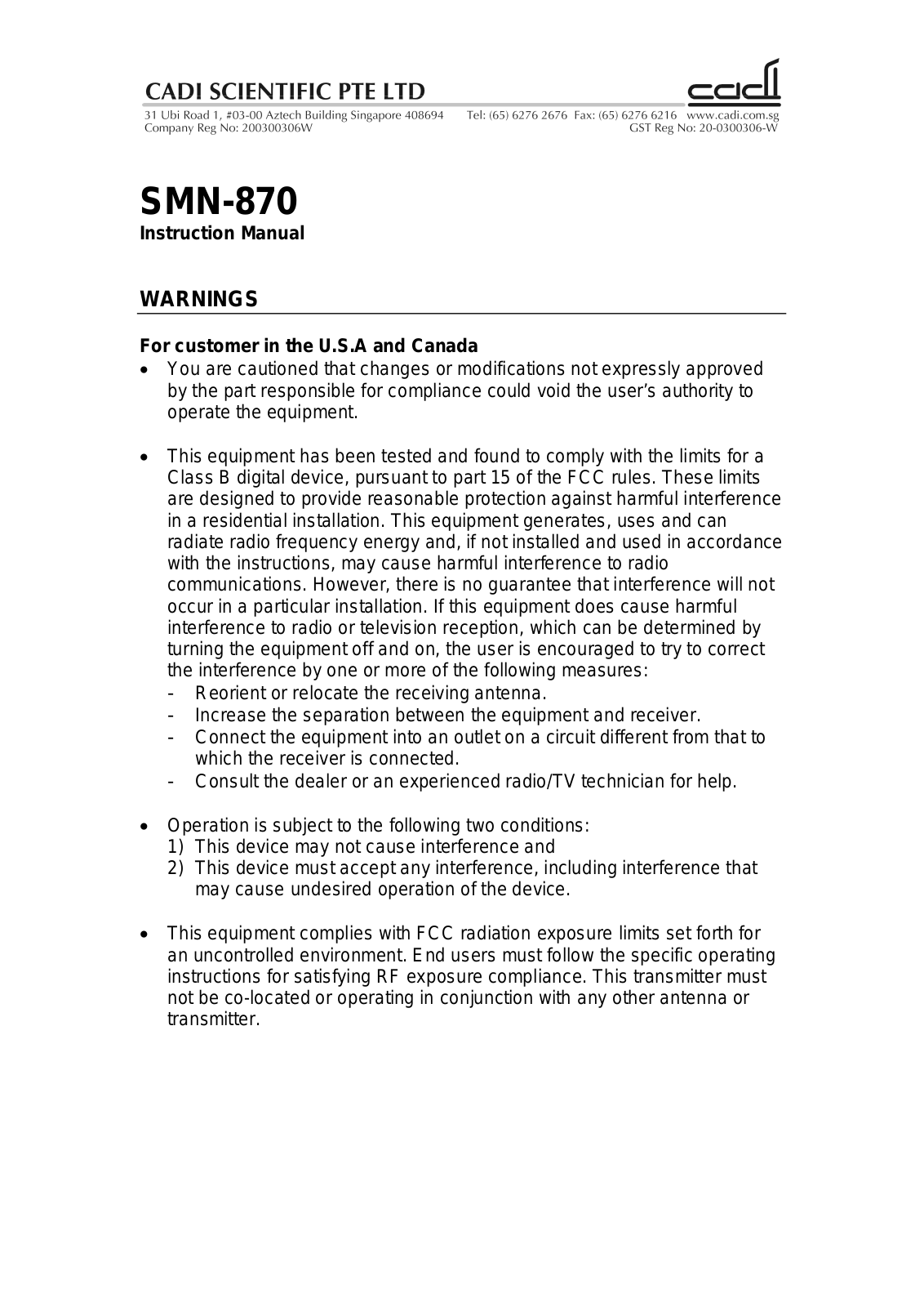 Cadi Scientific SMN870 User Manual