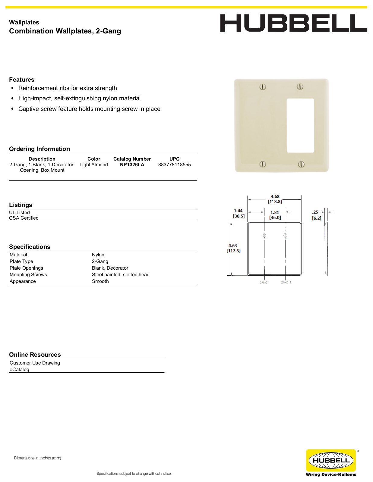 Hubbell NP1326LA Specifications