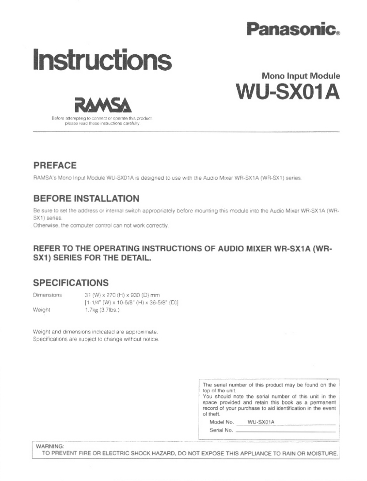 Panasonic WUSX01 User Manual