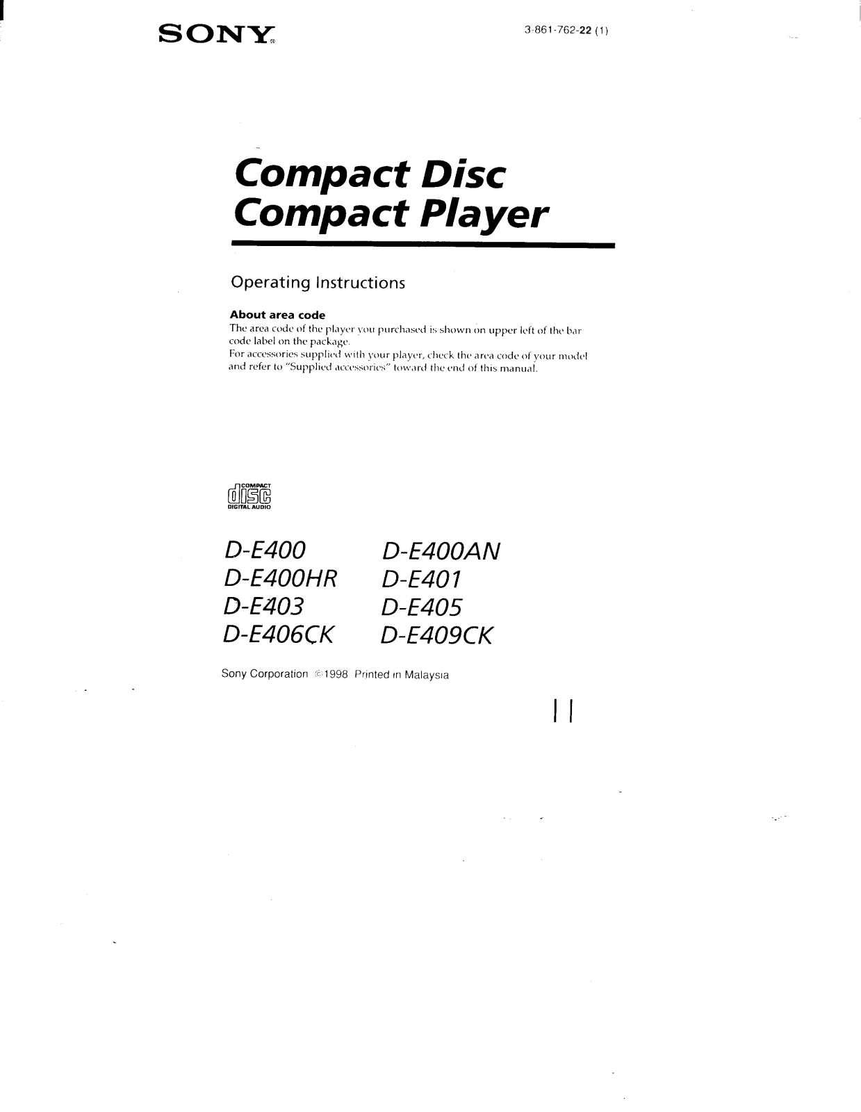 Sony D-E400, D-E400AN, D-E400HR, D-E401, D-E403 Operating Instruction