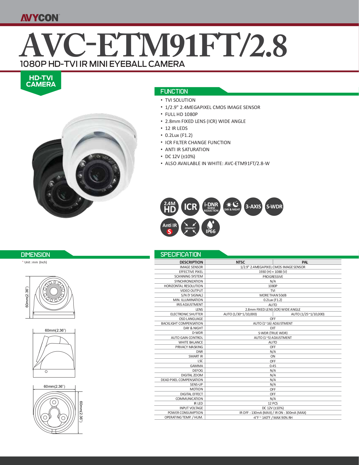 Avycon AVC-ETM91FT-2.8, AVC-ETM91FT-2.8-W Specsheet