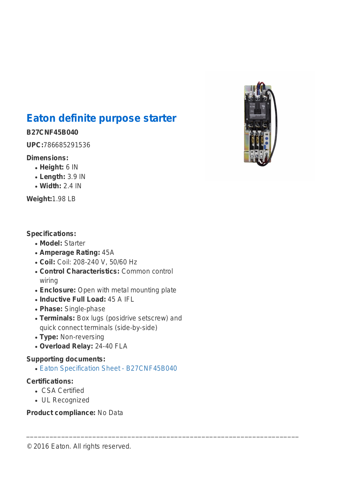 Cutler Hammer, Div of Eaton Corp B27CNF45B040 Specifications