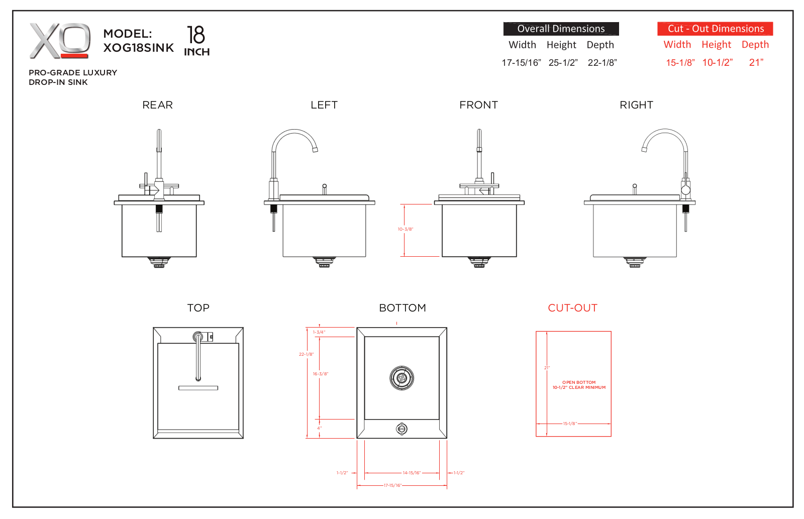 XO XOG18SINK Specifications