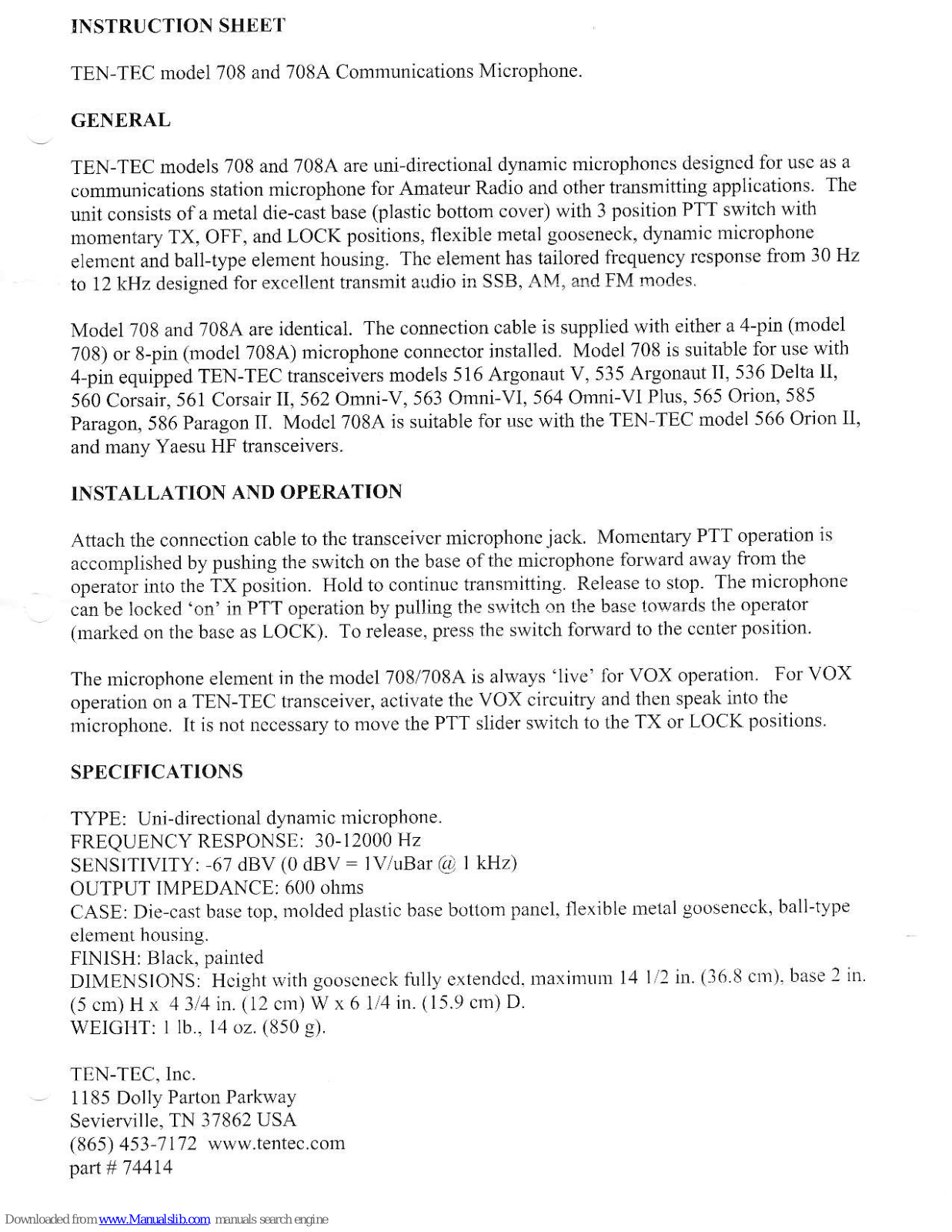 Ten-Tec 708, 708A Instruction Sheet - ManualMachine.com