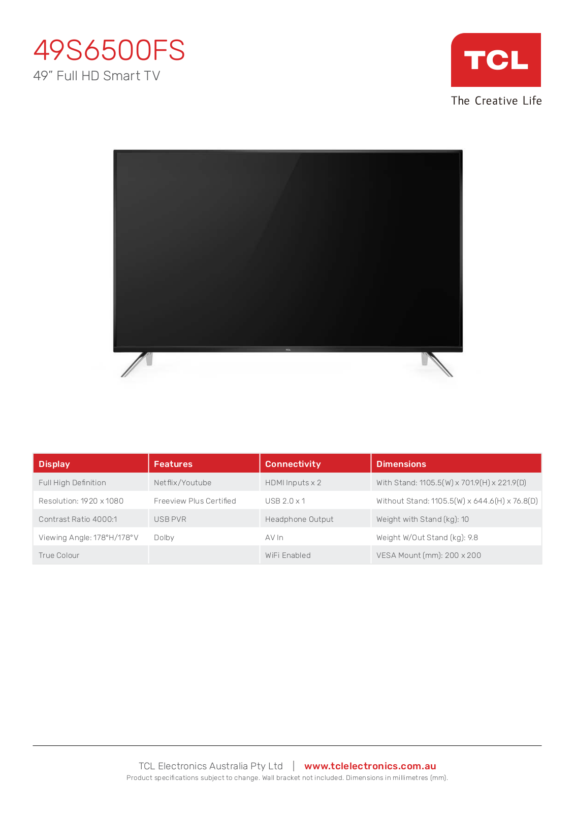 TCL 49S6500FS Specifications Sheet