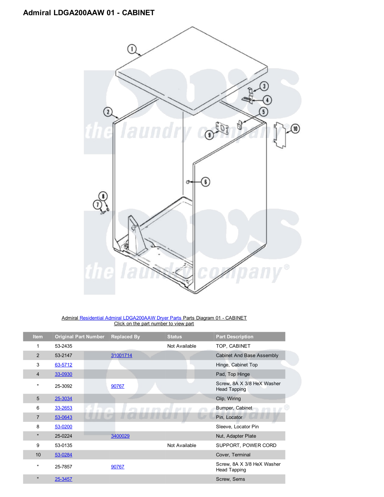 Admiral LDGA200AAW Parts Diagram