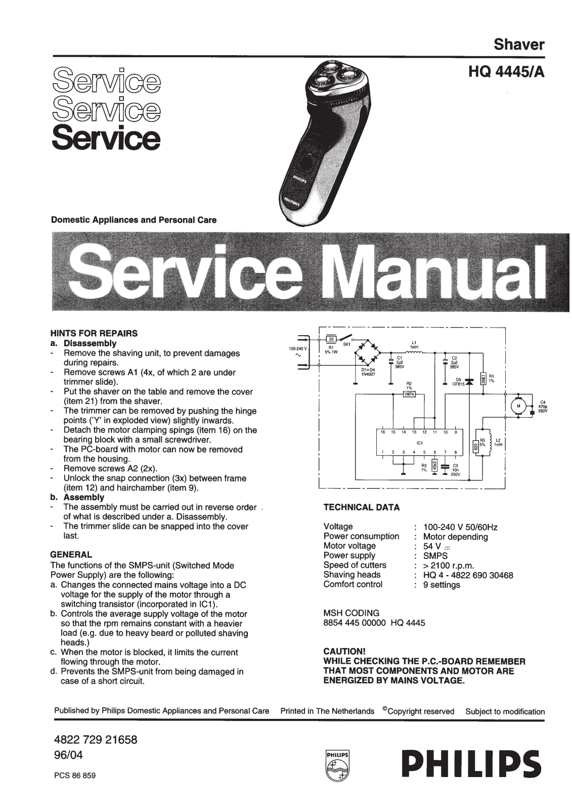 Philips HQ4445A Service Manual