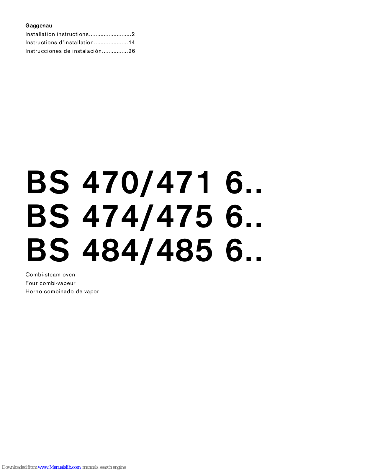 Gaggenau BS 485 6 Series, BS 484 6 Series, BS 475 6 Series, BS 474 6 Series, BS 471 6 Series Installation Instructions Manual