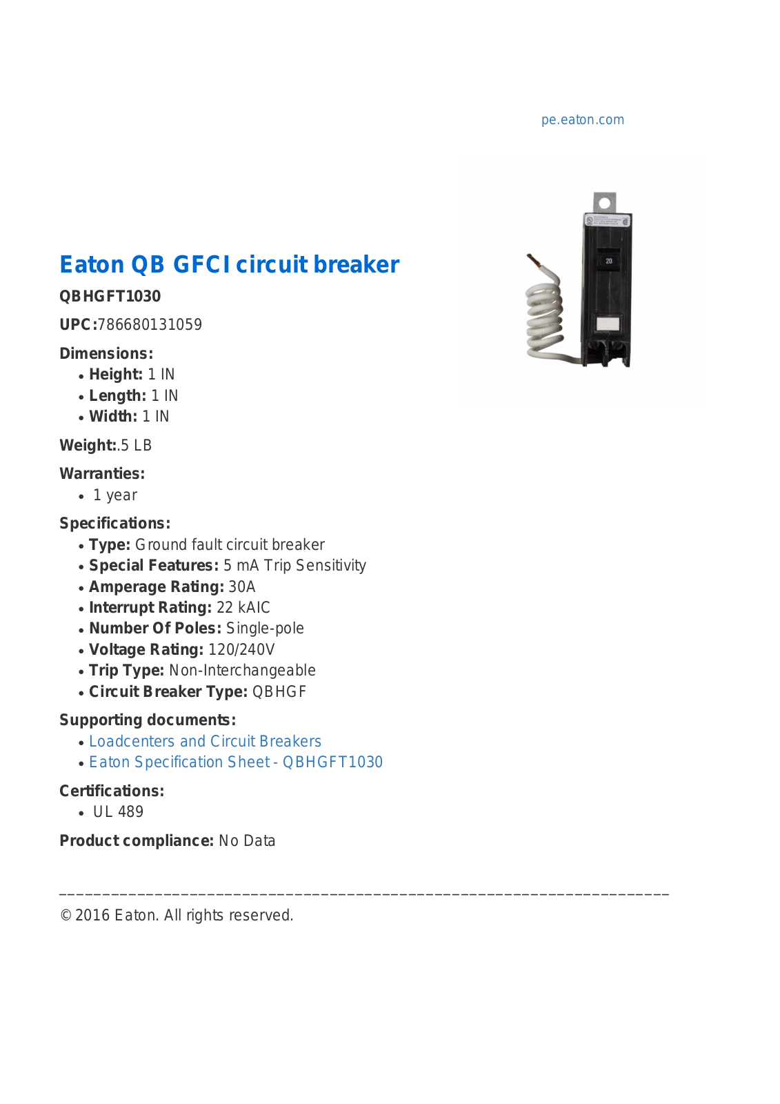 Cutler Hammer, Div of Eaton Corp QBHGFT1030 Specifications