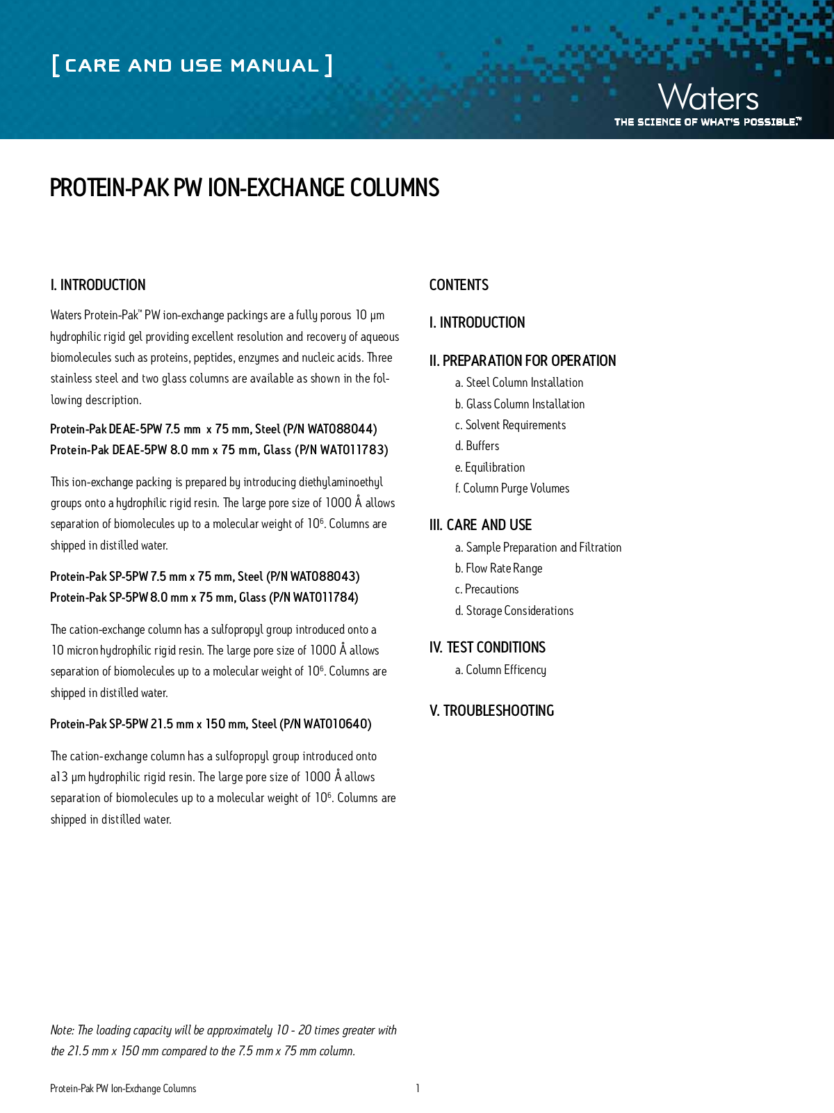 Waters Protein-Pak PW Ion-Exchange Column User Manual