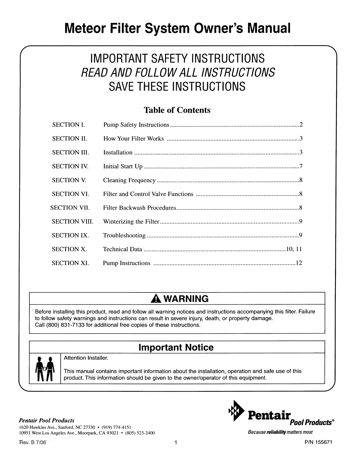 Pentair U78-767P User Manual