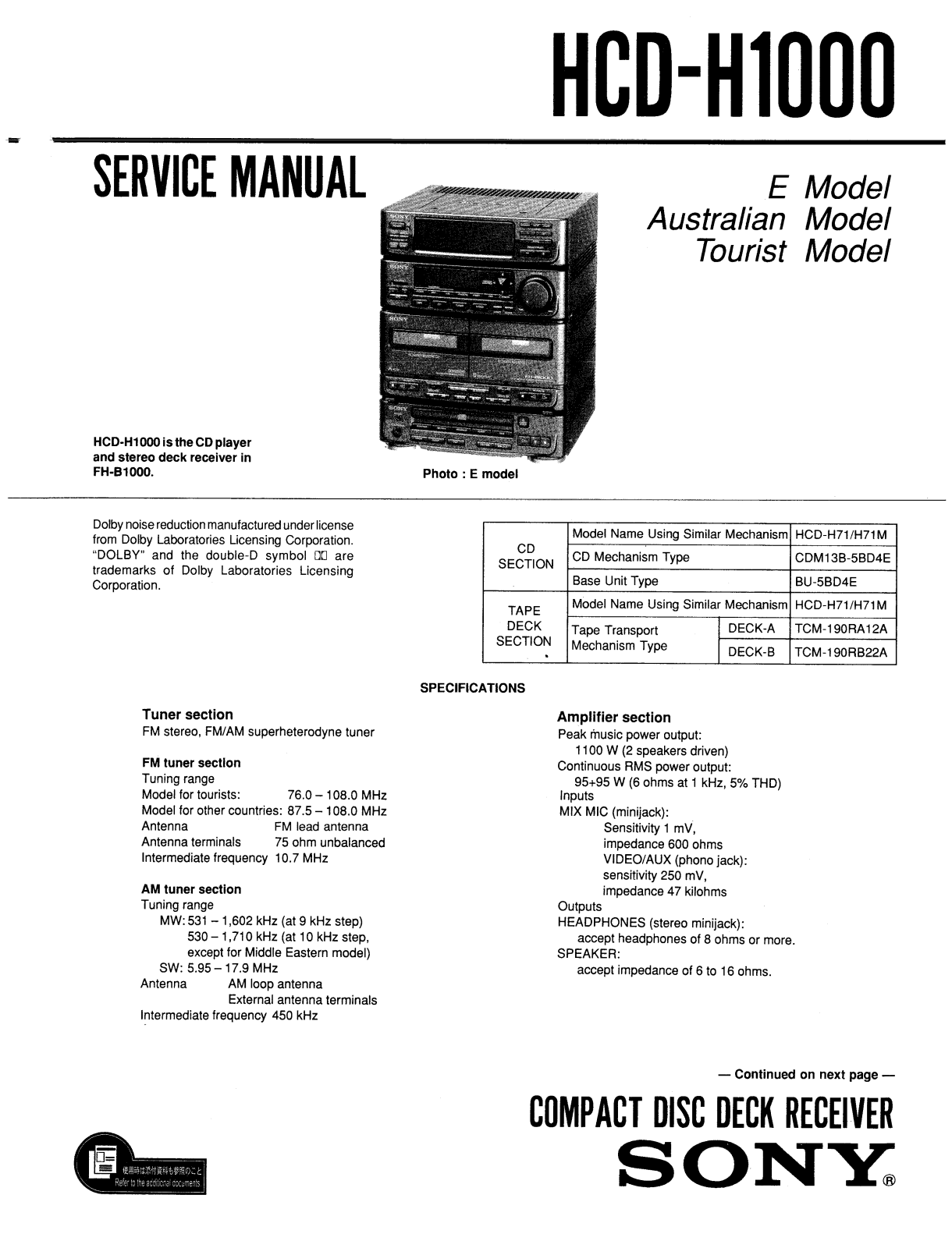 Sony HCD   H 1000 Service Manual