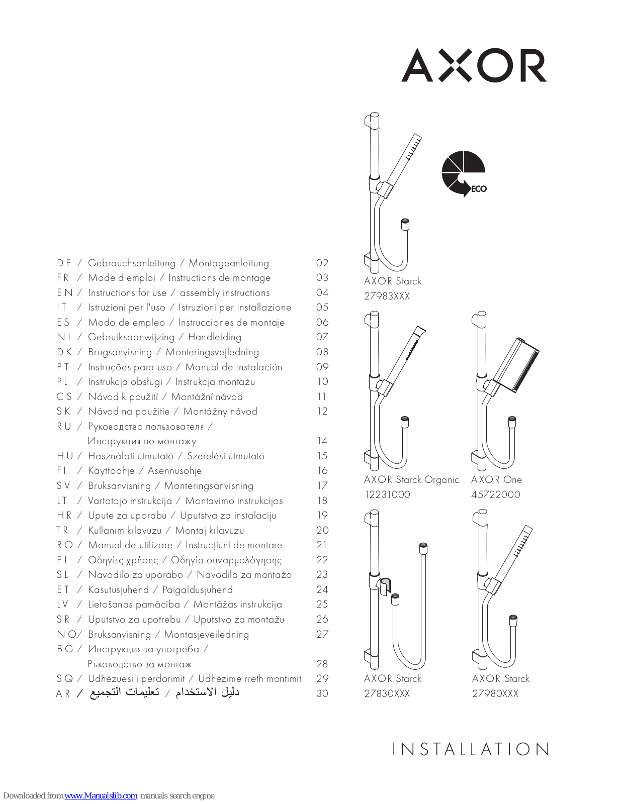 Axor 12231000, 45722000, 27983000, 27830000, 27980000 Instructions For Use/assembly Instructions