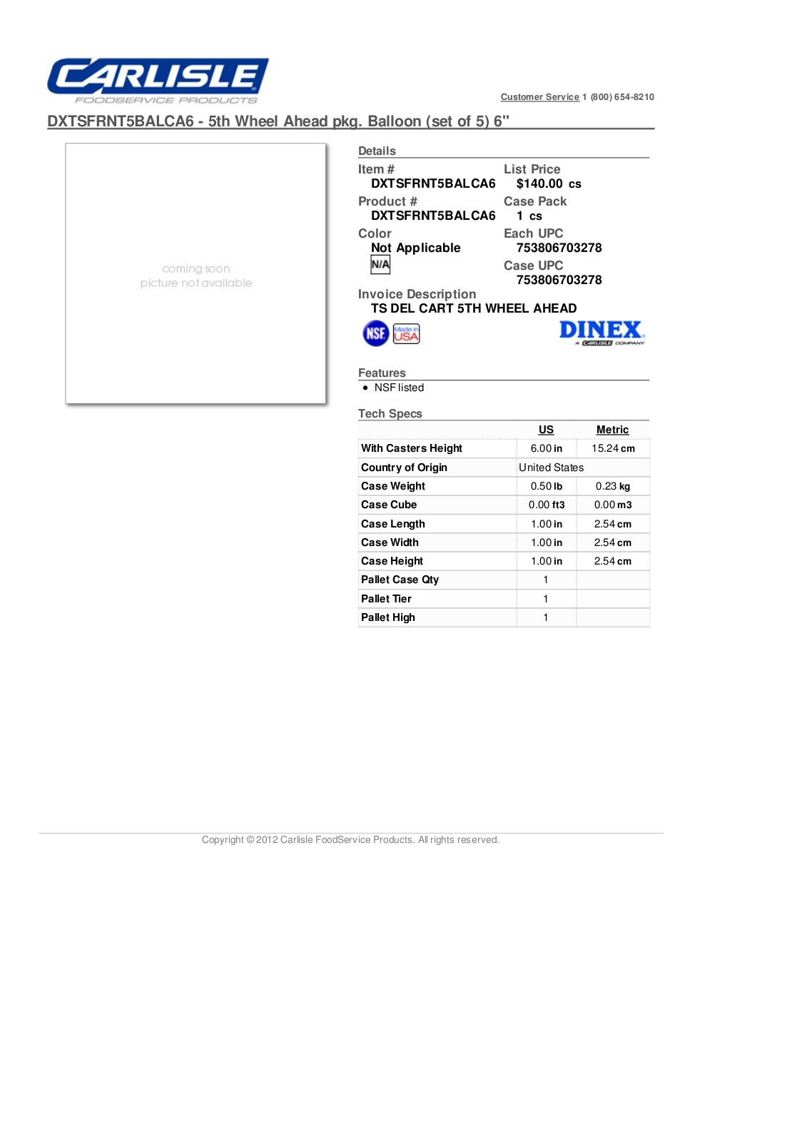 Carlisle DXTSFRNT5BALCA6 User Manual