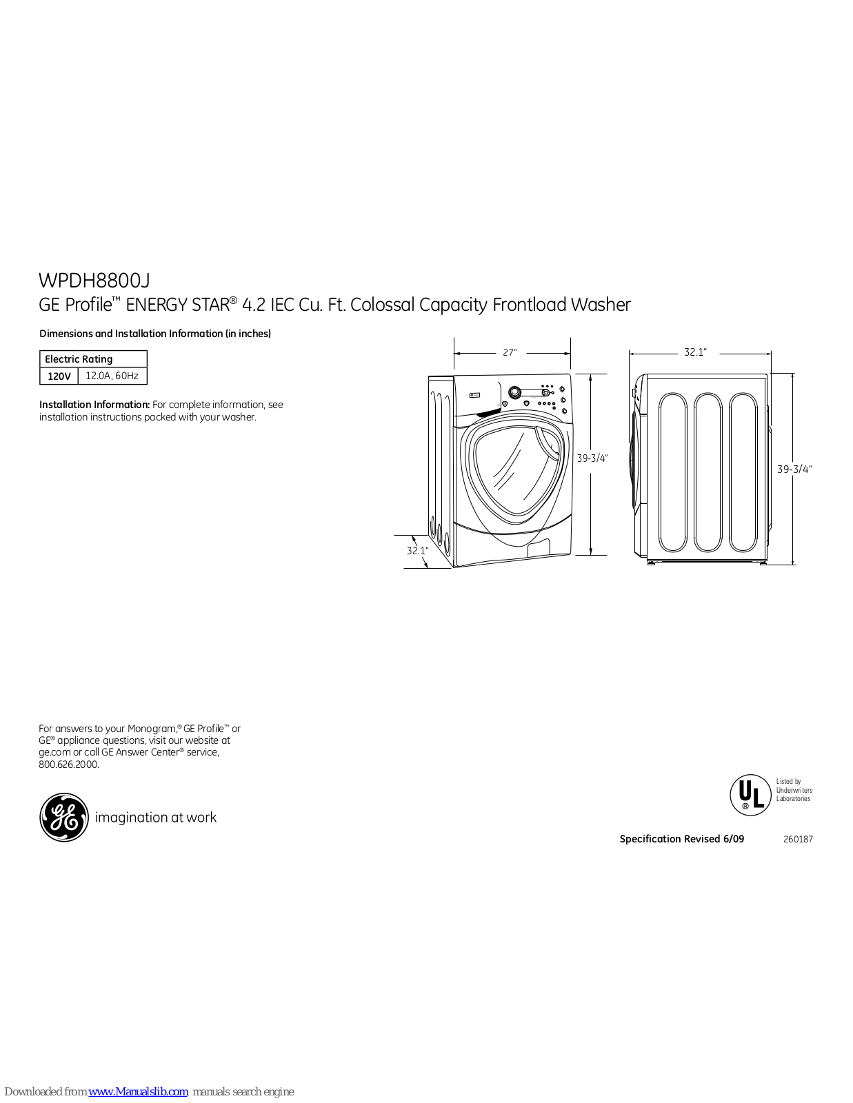 GE WPDH8800JMG - Profile - Washer, Profile ENERGY STAR WPDH8800J Dimensions And Installation Information