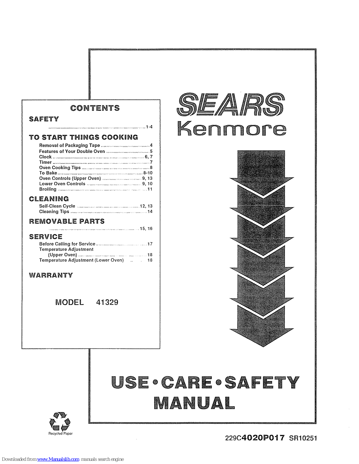 Sears Kenmore SR10251, Kenmore 41329 Use, Care, Safety Manual - ManualMachine.com