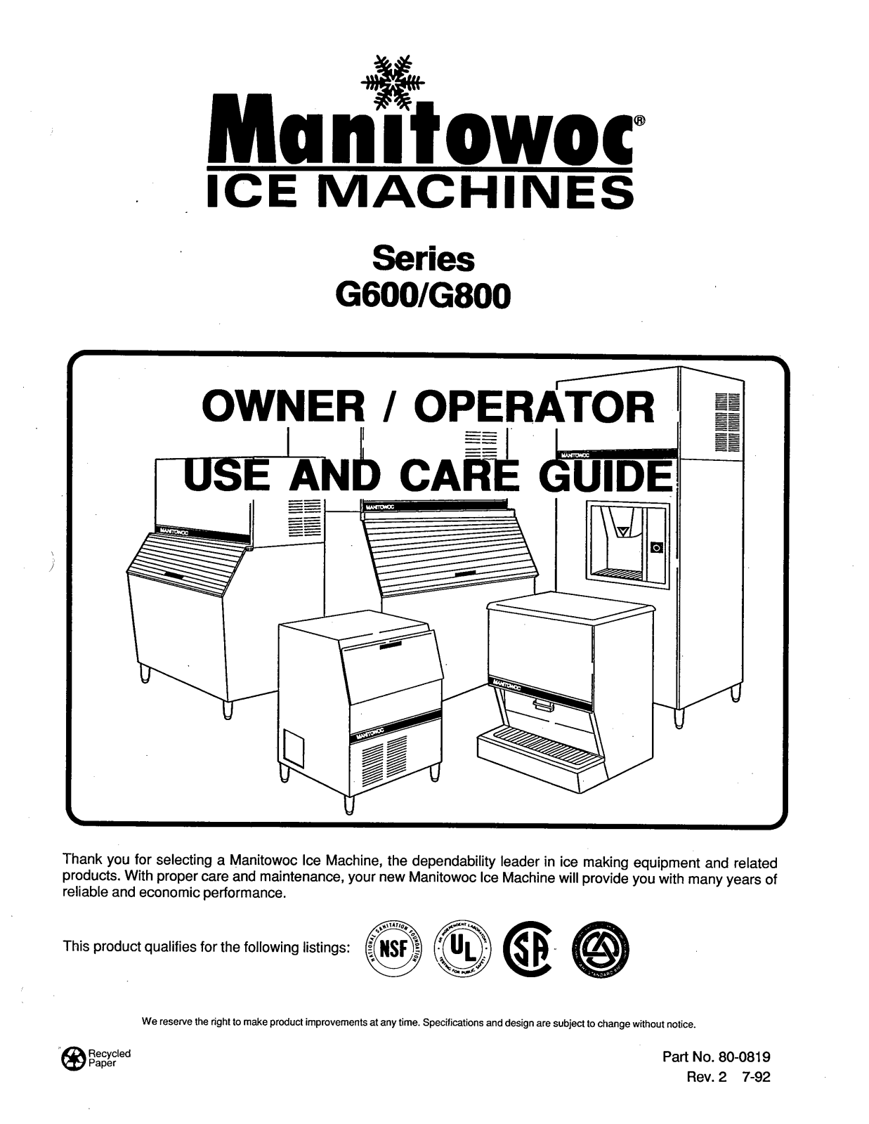 Manitowoc Ice GD0602A Owner’s Manual