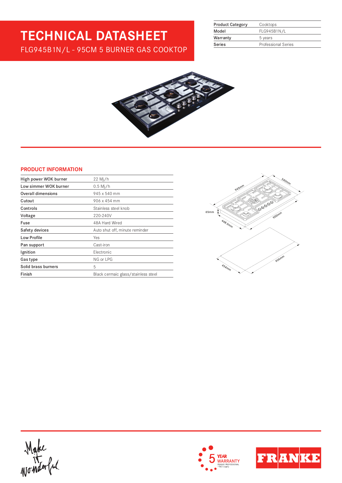 Franke FLG945B1L, FLG945B1N Specifications Sheet