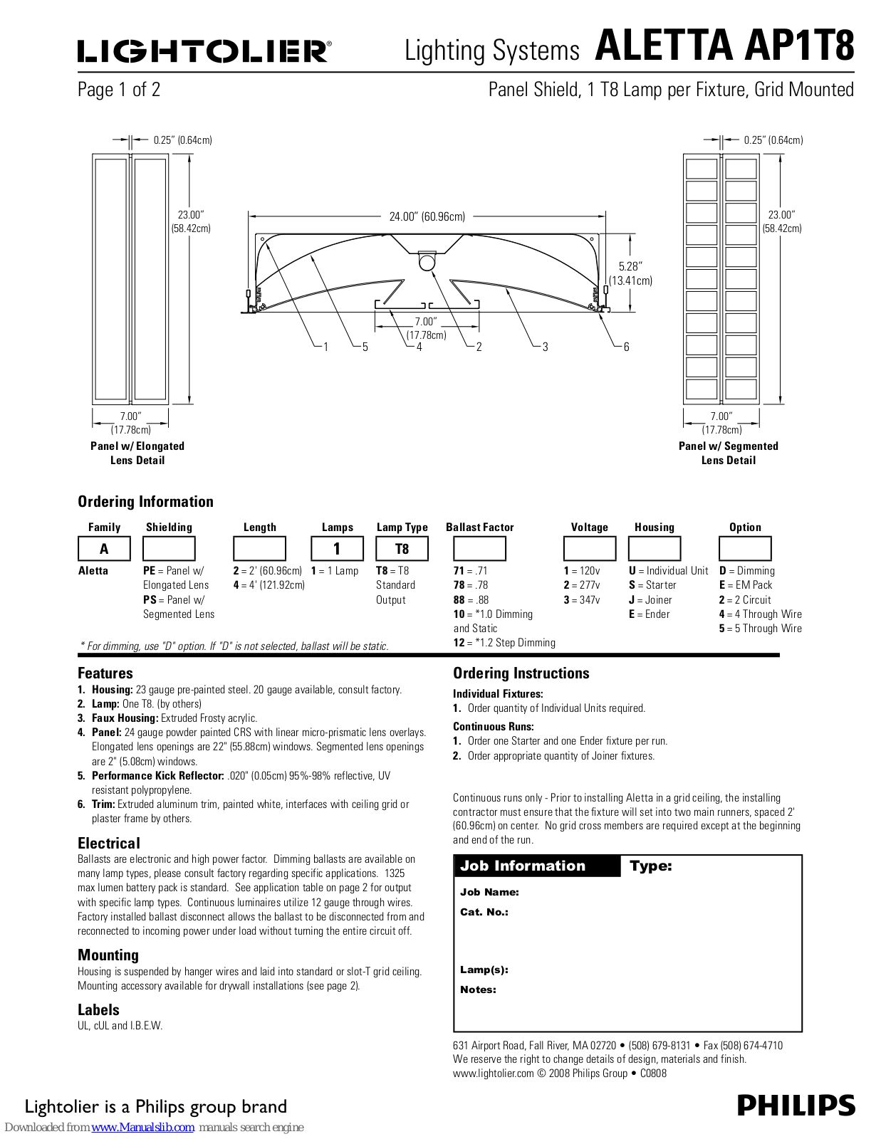 Lightolier ALETTA AP1T8 Specification Sheet - ManualMachine.com