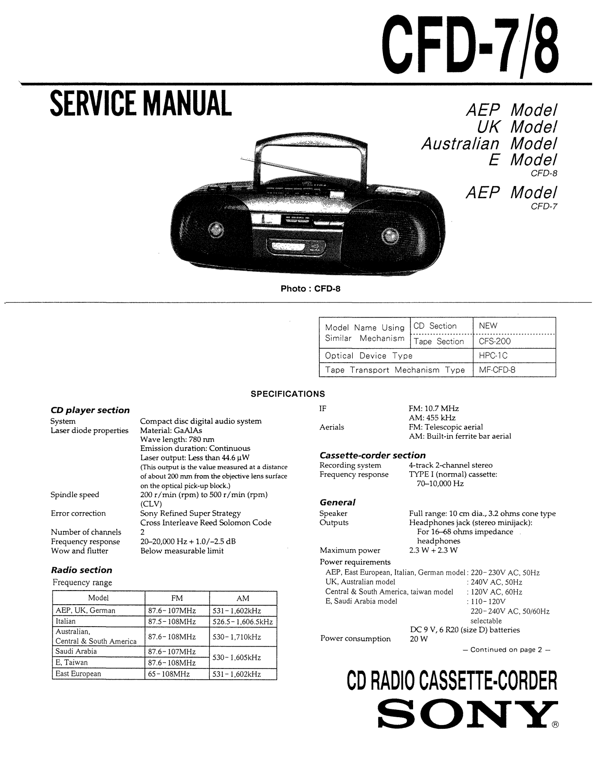 Sony CFD-7, CFD-8 Service manual