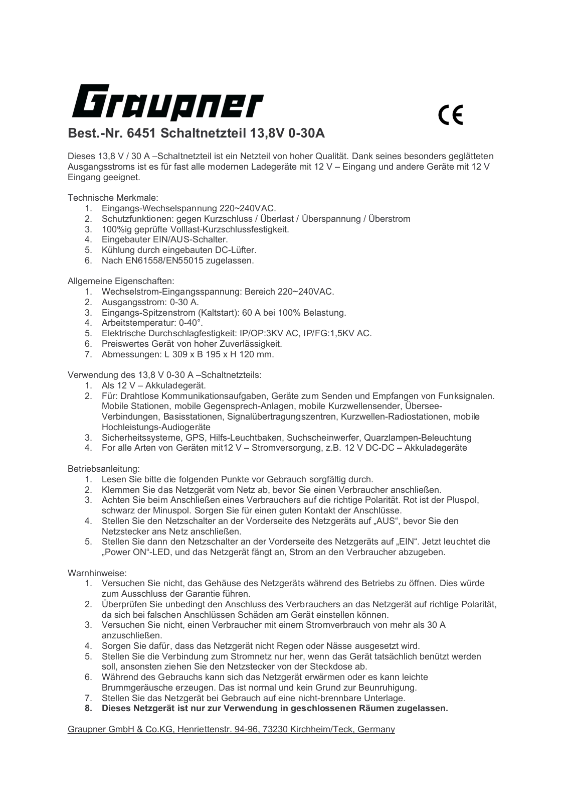 GRAUPNER SWITCHING POWER SUPPLY 13.8V 0-30A User Manual