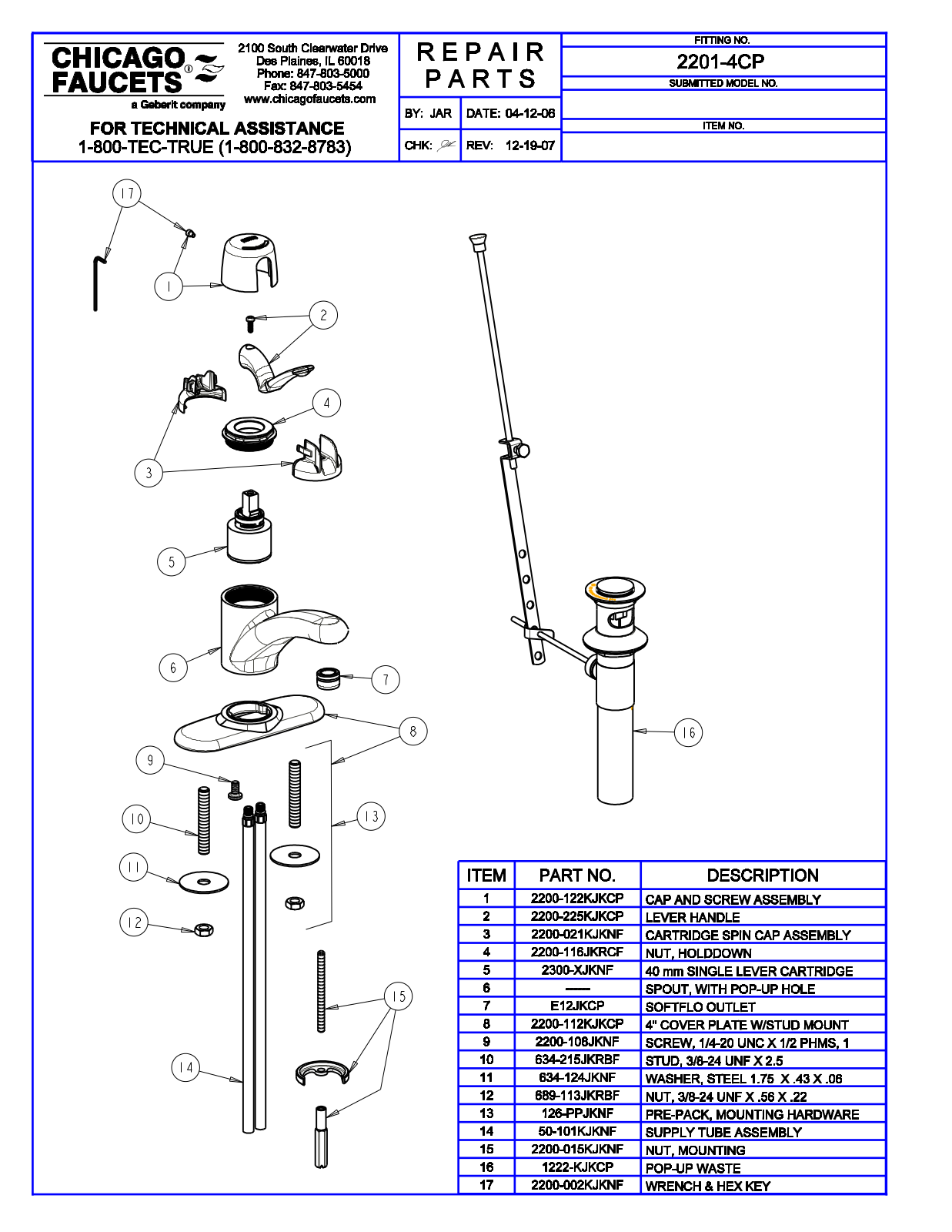 Chicago Faucet 2201-4 Parts List