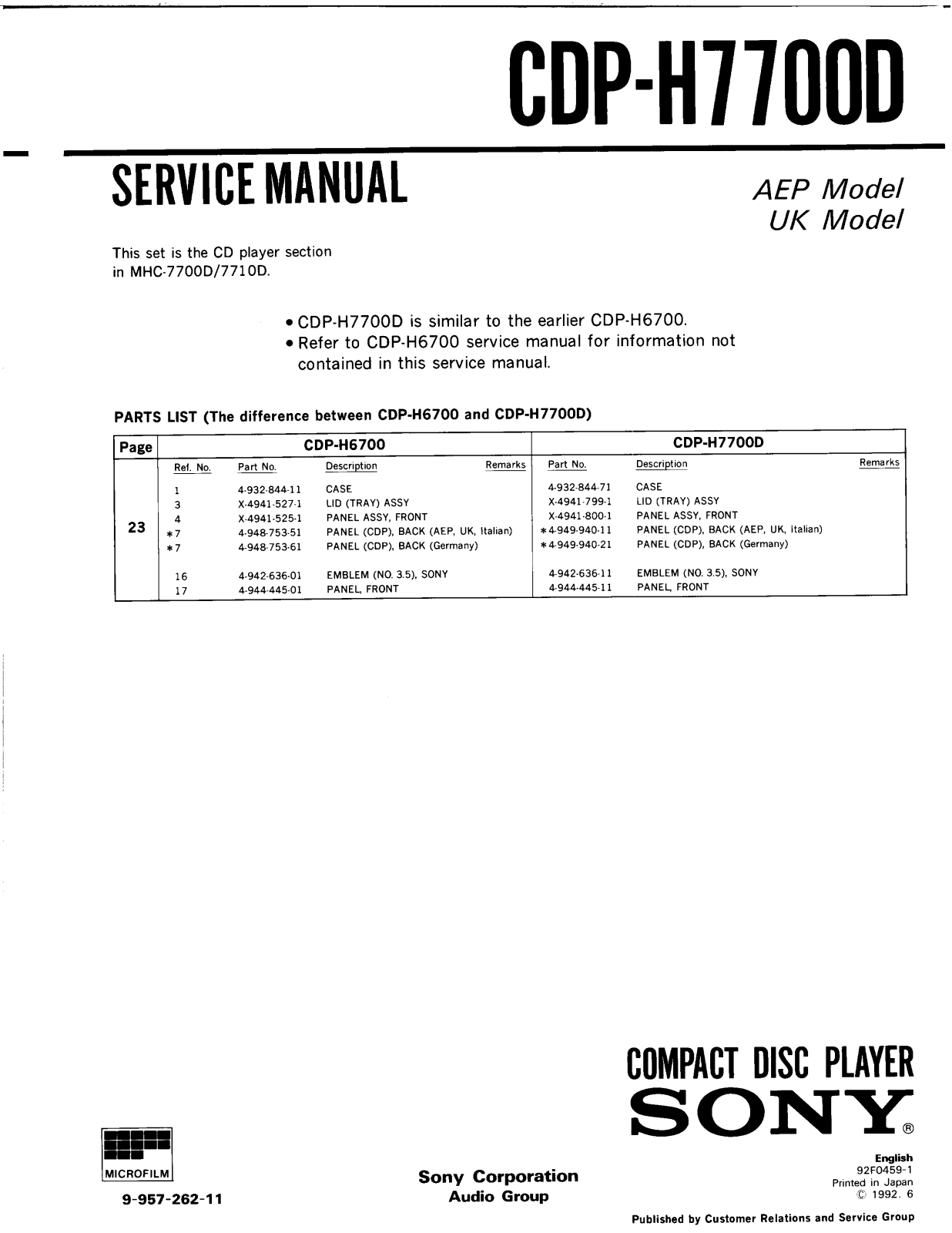 Sony CDP-H770D Service Manual