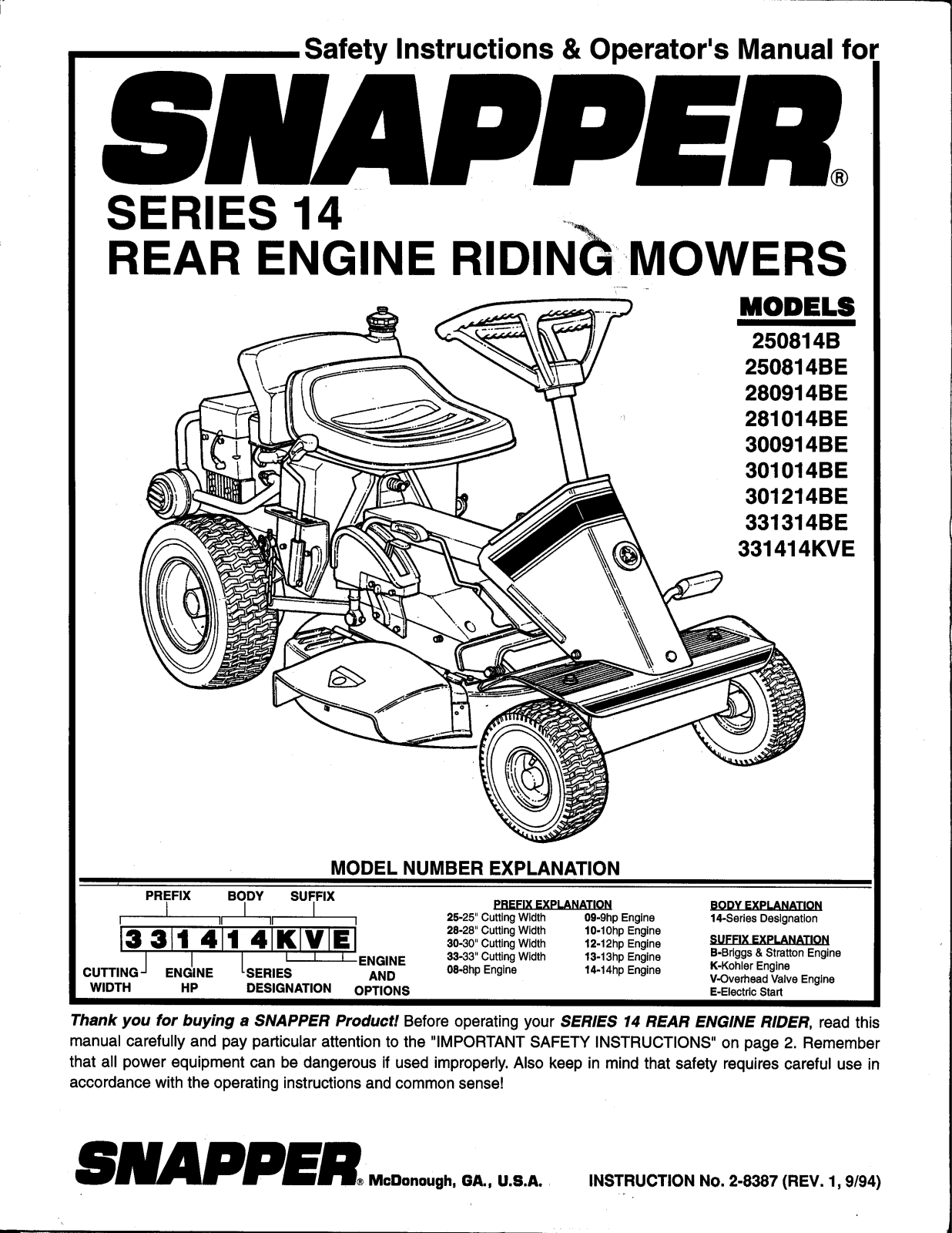 Snapper 301214BE, 150814BE, 301014BE, 280914BE, 331314BE User Manual