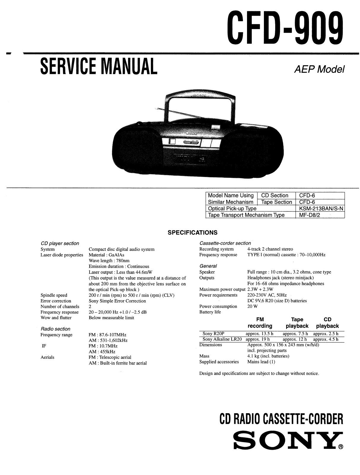 Sony CFD-909 Service manual