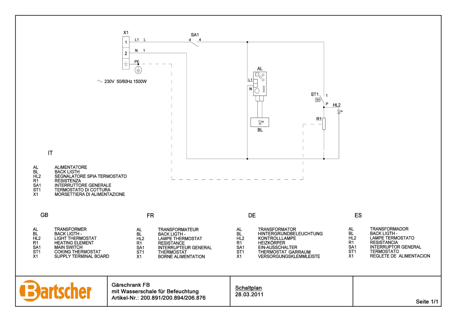 Bartscher 200894, 200891 CONTROL PLAN