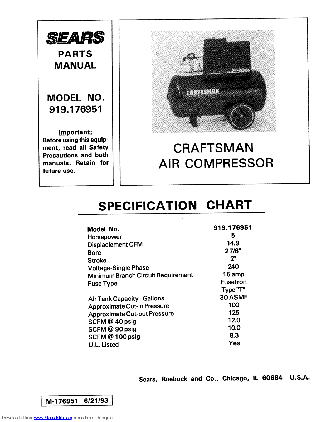 Sears 919.176951,Craftsman 919.176951 Parts Manual