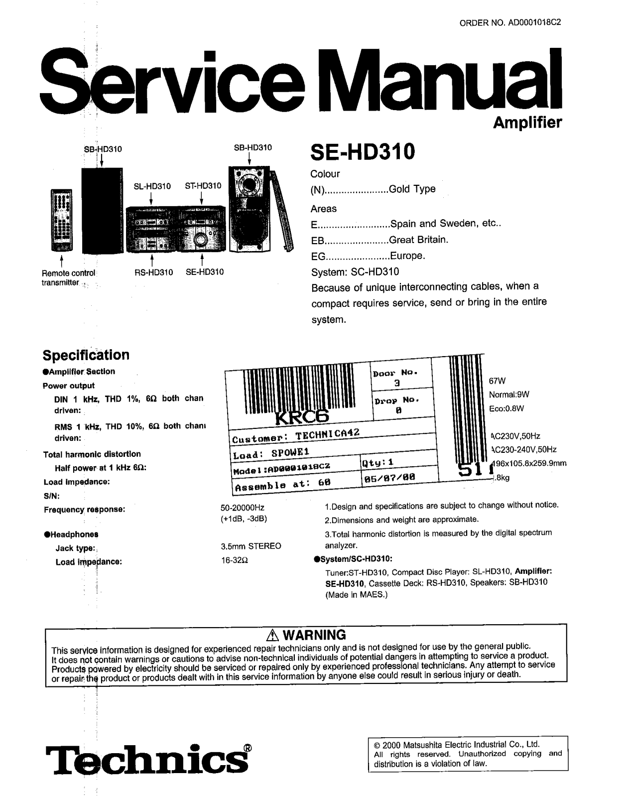 Technics SEHD-310 Service manual
