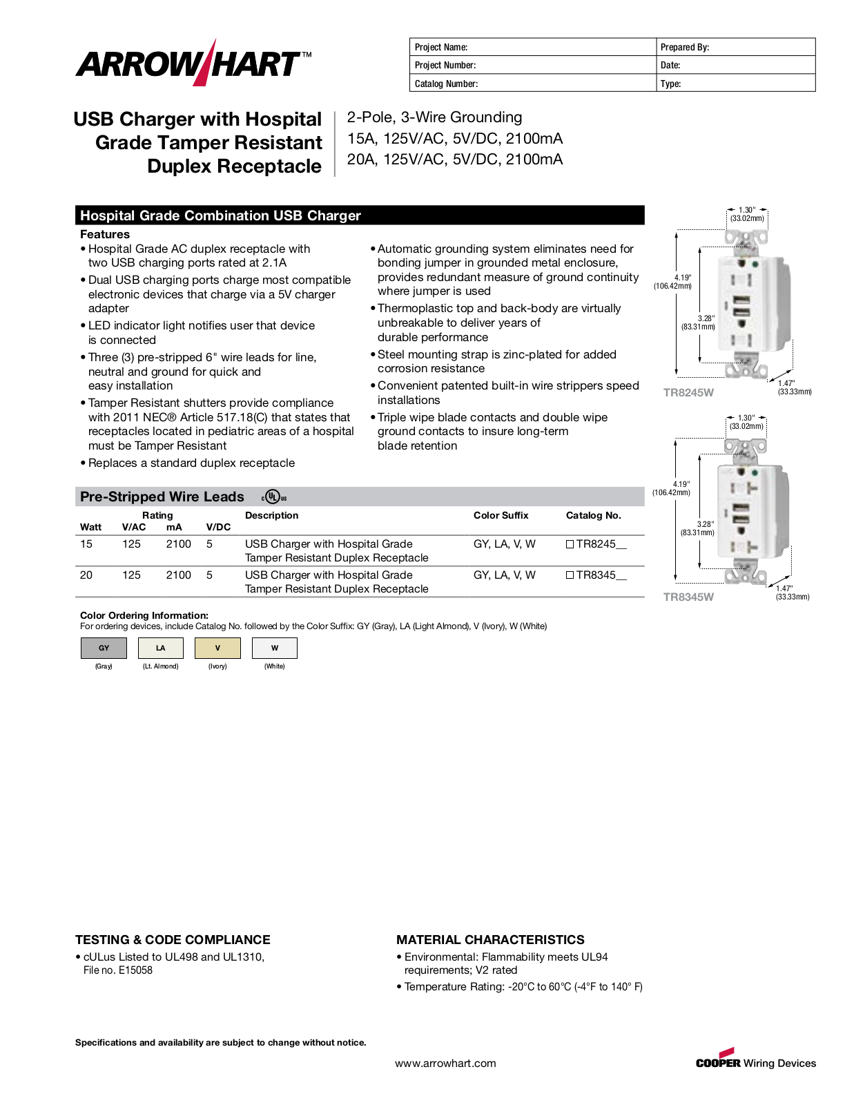 Arrow Hart - Cooper Wiring Devices USB Charger with Hospital Grade Tamper Resistant Duplex Receptacle Catalog Page