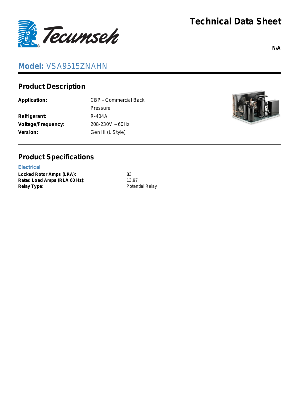 Tecumseh VSA9515ZNAHN Technical Data Sheet