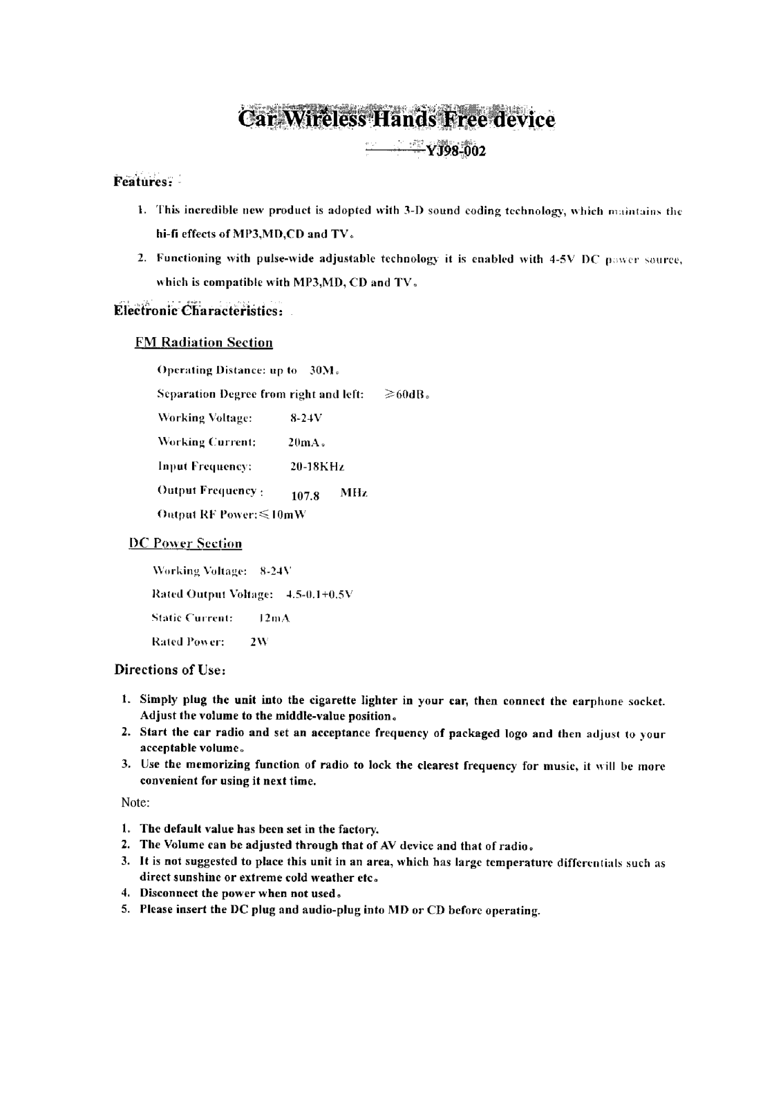 Hanming YJ98002HM User Manual