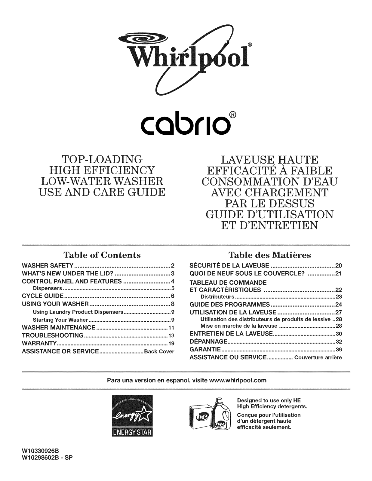 Whirlpool WTW7800XL0, WTW7800XW1, WTW7800XW0, WTW7800XL1, WTW7800XB1 Owner’s Manual