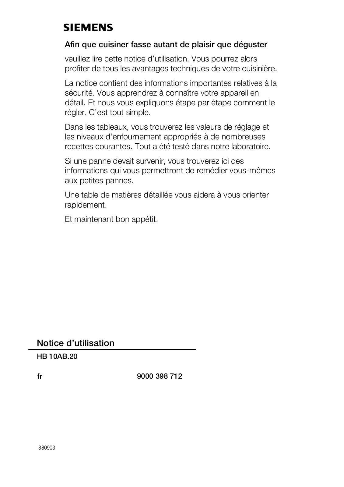 SIEMENS HB10AB520 User Manual