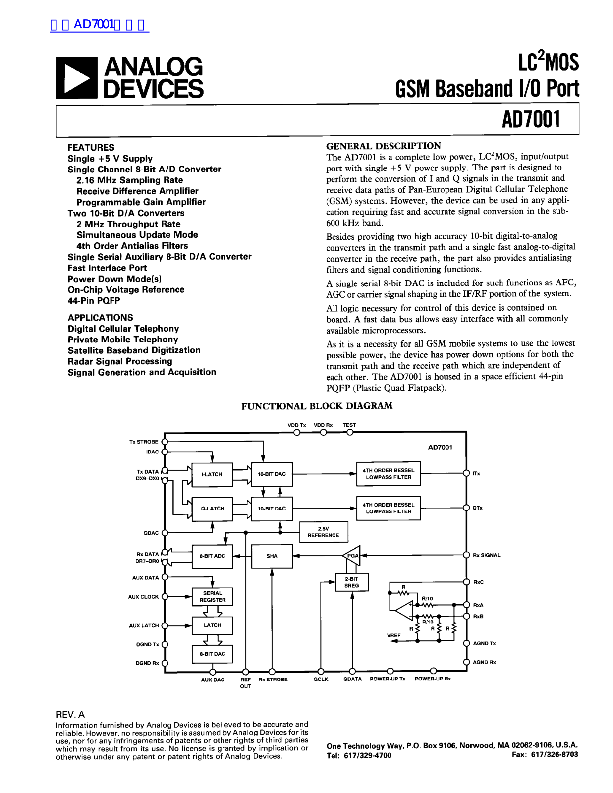 ANALOG DEVICES AD7001 Service Manual