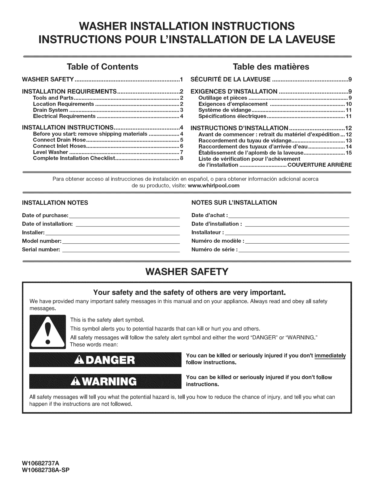 Whirlpool MVWX655DW1, MVWC565FW1, MVWC565FW2, MVWC555DW1, MVWC565FW0 Installation Guide