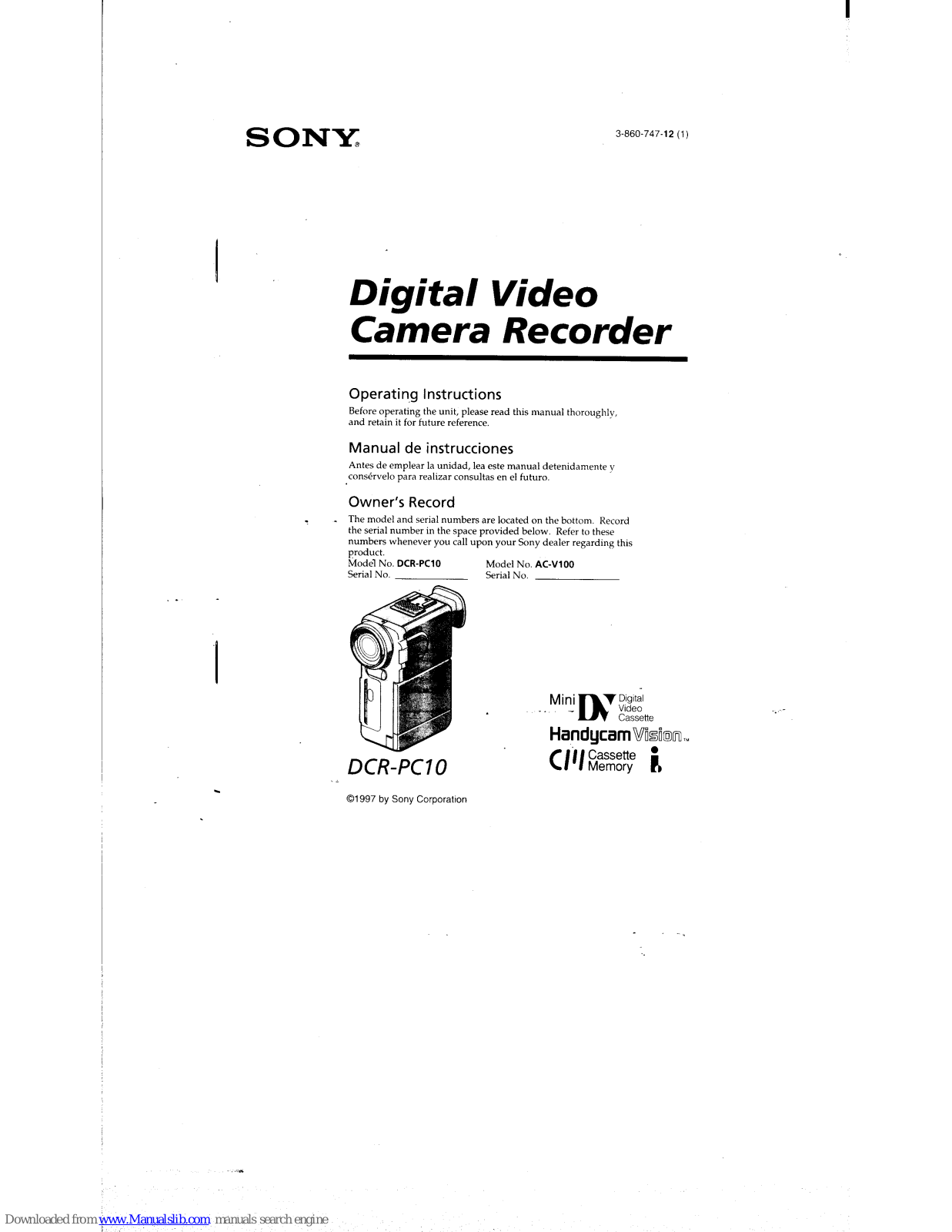 Sony Handycam DCR-PC10 Operating Instructions Manual