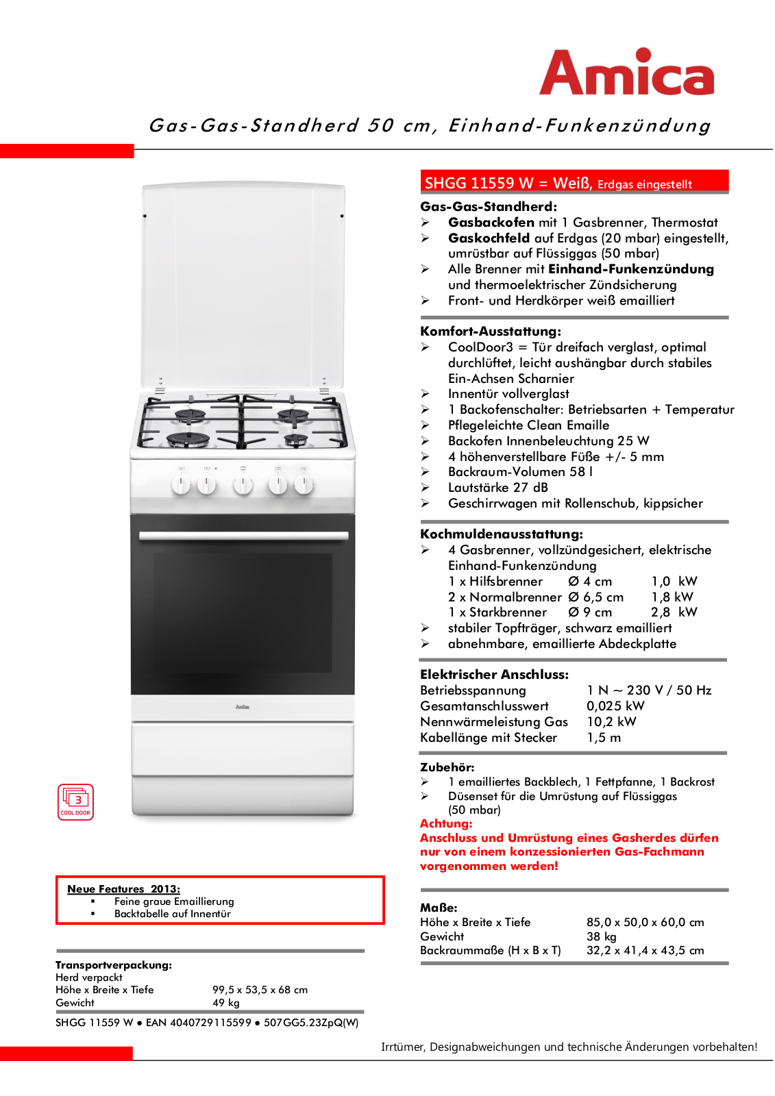 Amica SHGG 11559 W operation manual