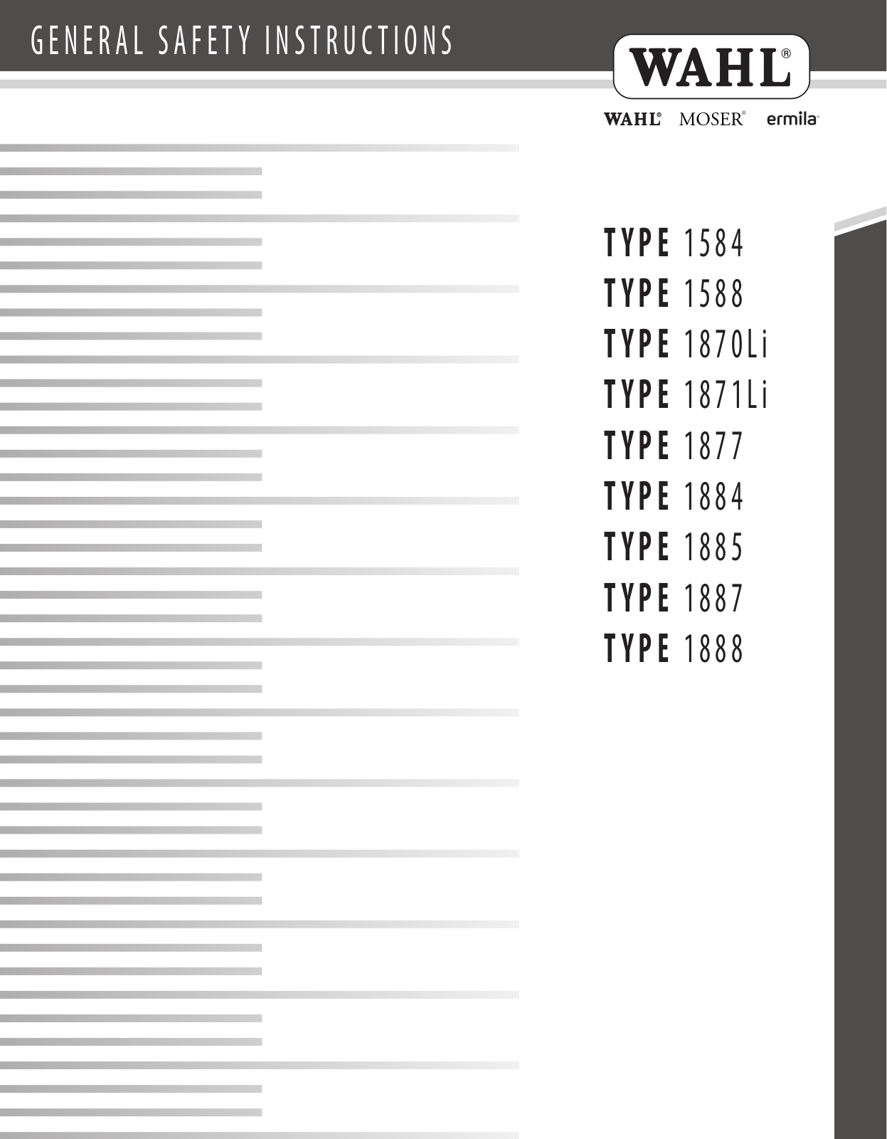 Wahl 1584, 1870Li, 1588, 1884, 1885 General Safety Instructions