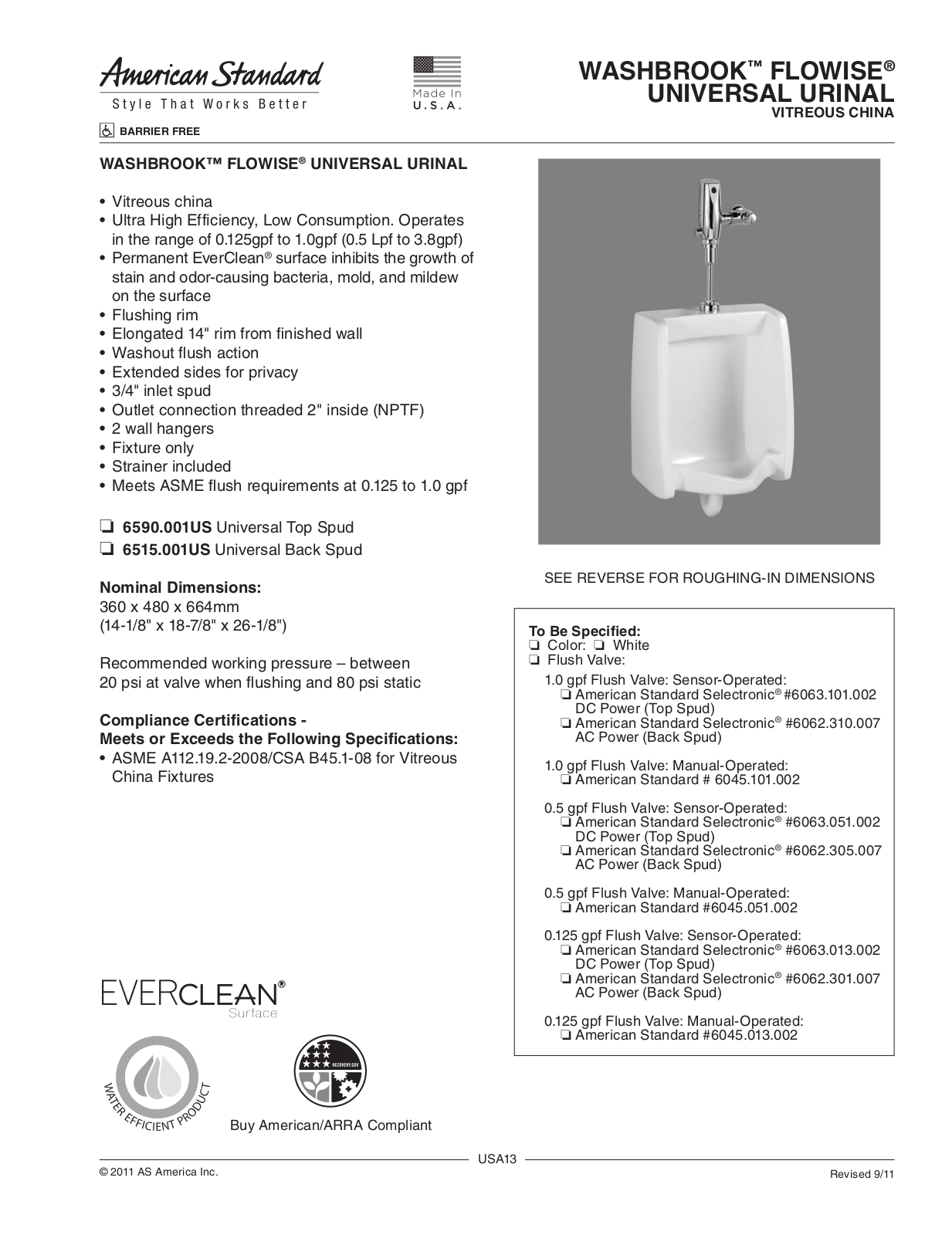 American Standard WASHBROOK FLOWISE UNIVERSAL URINAL, USA13 User Manual