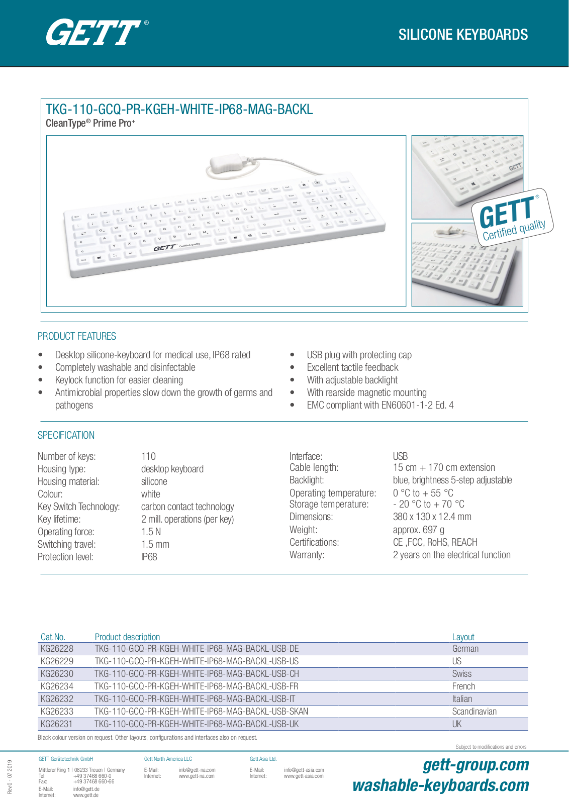 GETT TKG-110-GCQ-PR-KGEH-WHITE-IP68-MAG-BACKL User Manual