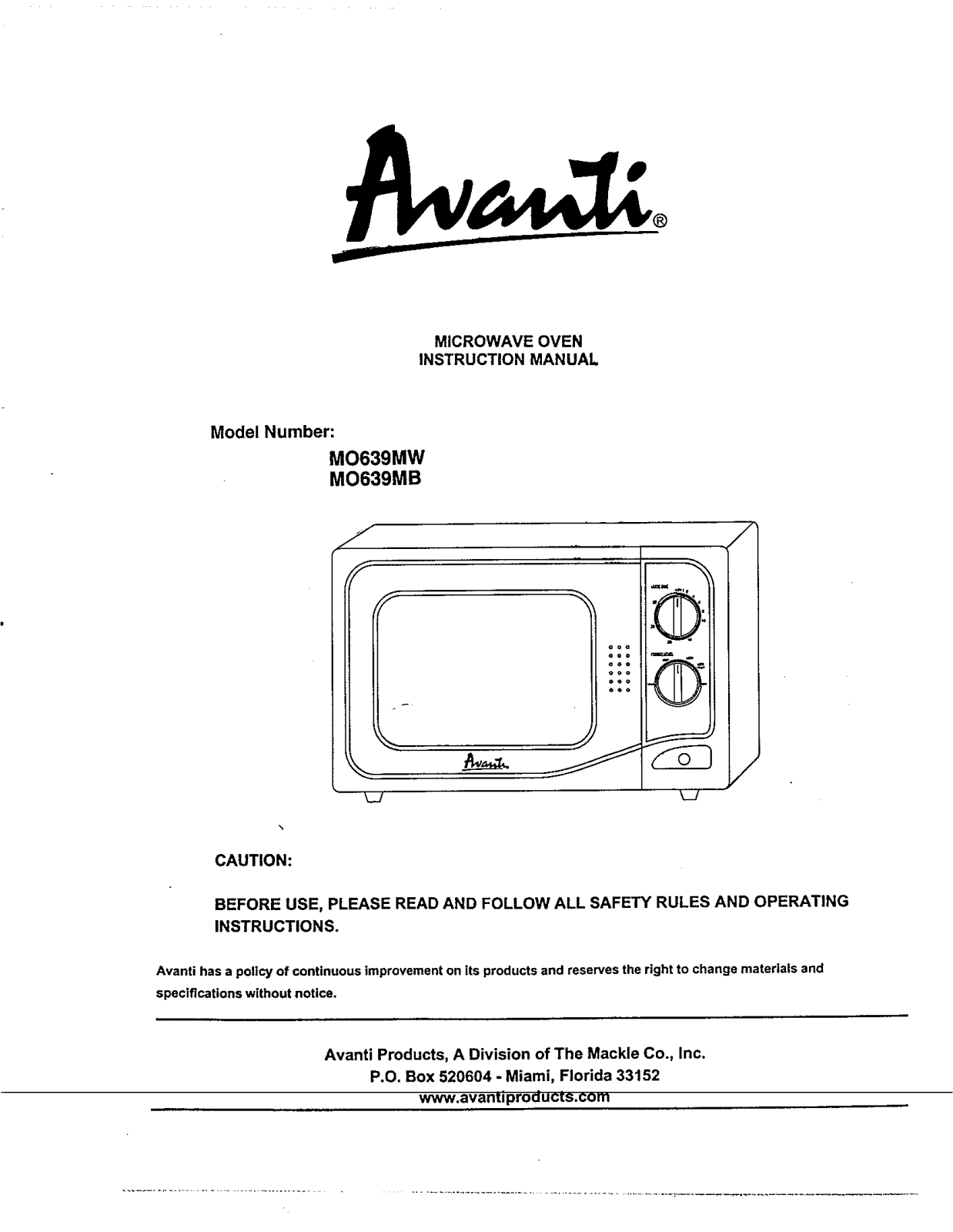 Avanti MO639MB User Manual