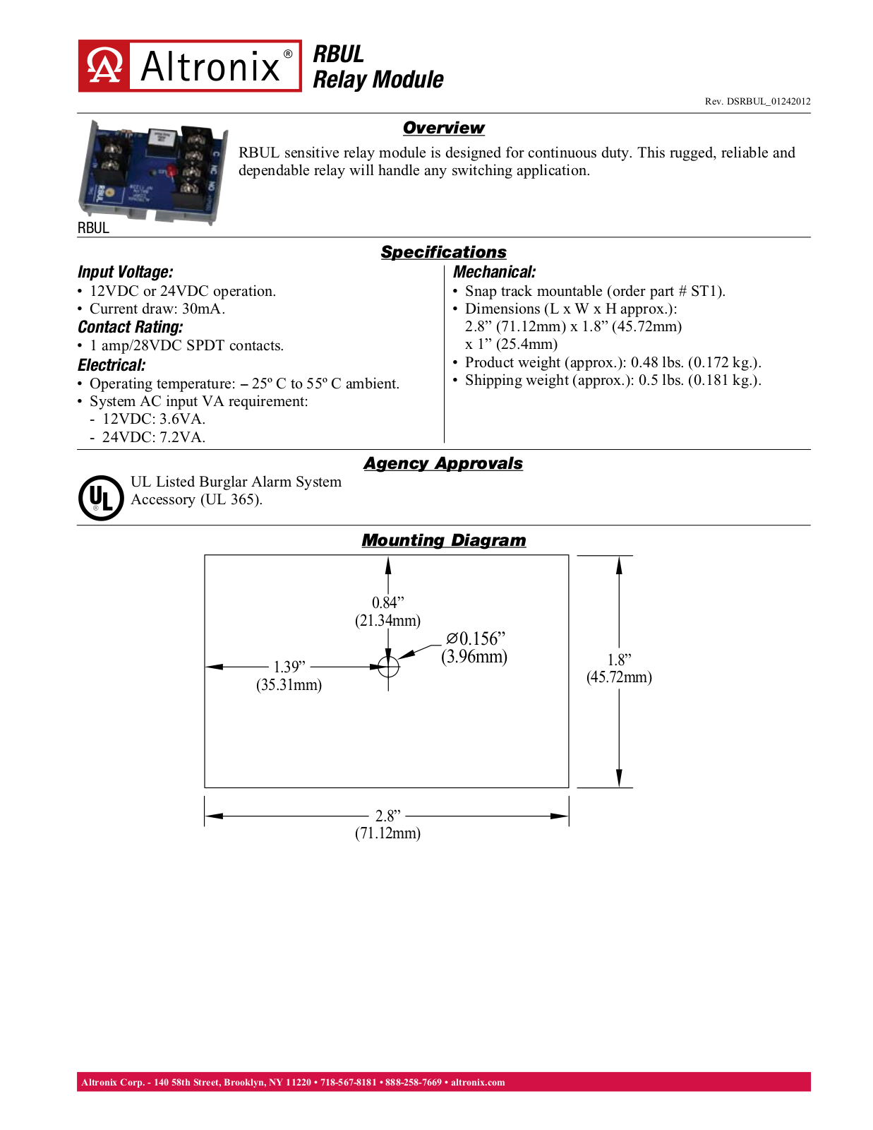 Altronix RBUL Data Sheet