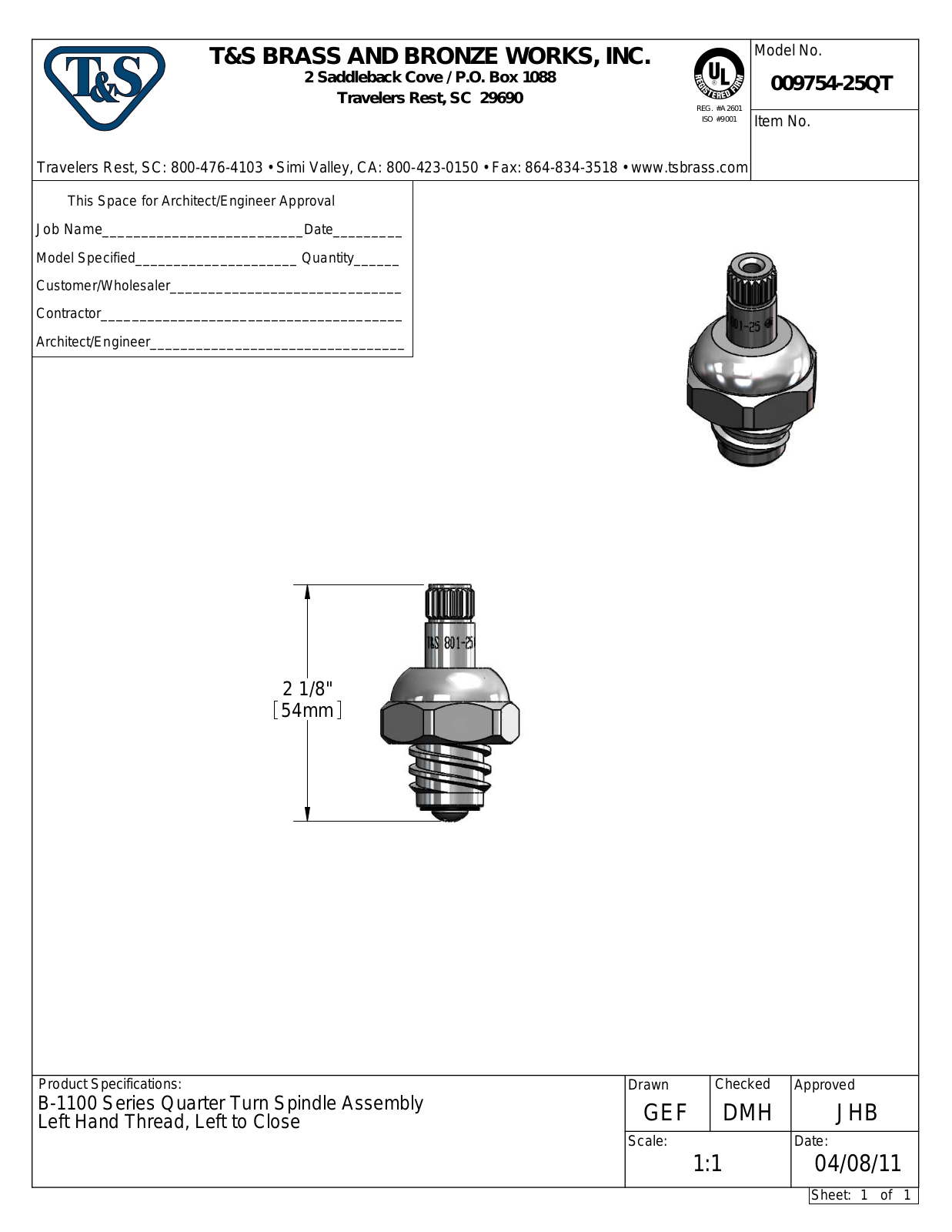 T&S Brass 009754-25QT User Manual